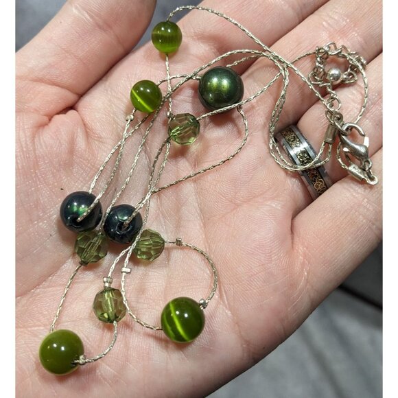 Whimsical Layered Green And Silver Tone Station Necklace - Picture 3 of 6